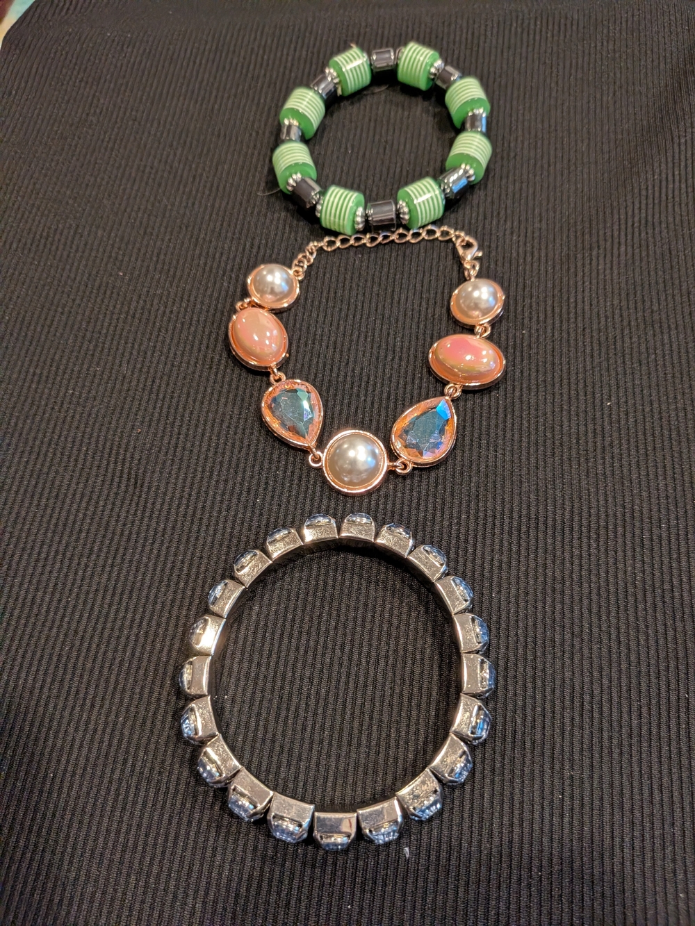 #1:  Green Pink & Crystal Bracelet Set Of 3- Women Jewelry
